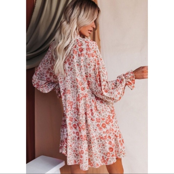 Drawstring Floral Print Long Sleeve Babydoll Dress - Picture 2 of 5